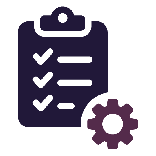 Checklist with checkmarks and a gear icon, purple on a white background.