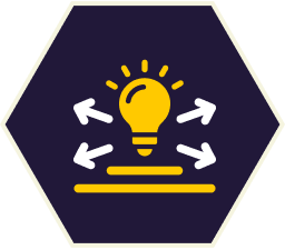 Yellow lightbulb with arrows pointing out, on yellow steps, purple background.