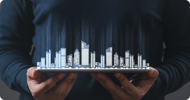 Person holding tablet displaying a holographic cityscape. Person holding tablet displaying a holographic cityscape.