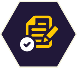 Document with checkmark and pen in a hexagon.