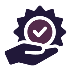 Hand holding a purple badge with a checkmark, representing quality assurance.