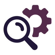 Magnifying glass over a gear icon, in purple gradients, representing search settings.