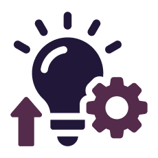 Purple lightbulb with rays and a gear, plus an upward arrow, symbolizing ideas and solutions.