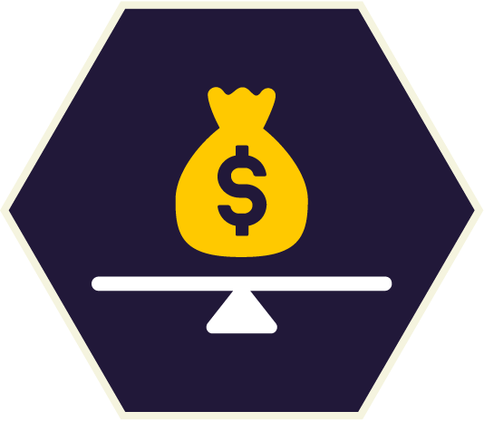 Yellow money bag on a white scale, inside a dark blue hexagon. Yellow money bag on a white scale, inside a dark blue hexagon.