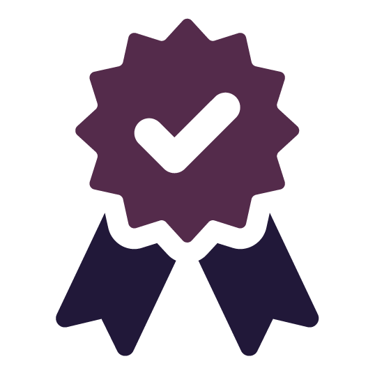 Purple badge with checkmark, two ribbons, signifying quality. Purple badge with checkmark, two ribbons, signifying quality.