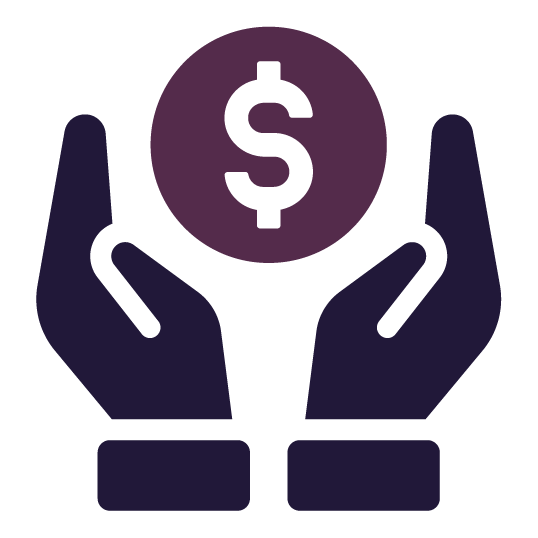 Hands cupping a purple coin with a white dollar sign, symbolizing financial support. Hands cupping a purple coin with a white dollar sign, symbolizing financial support.