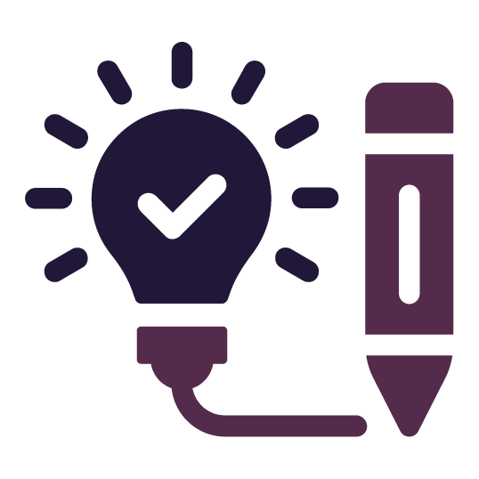 Lightbulb with a checkmark emitting rays, connected to a pencil. Lightbulb with a checkmark emitting rays, connected to a pencil.