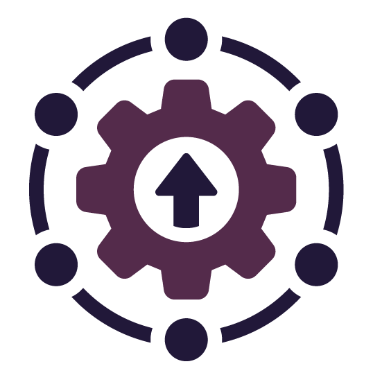 Purple gear with an upward arrow, surrounded by connected dark purple dots. Purple gear with an upward arrow, surrounded by connected dark purple dots.