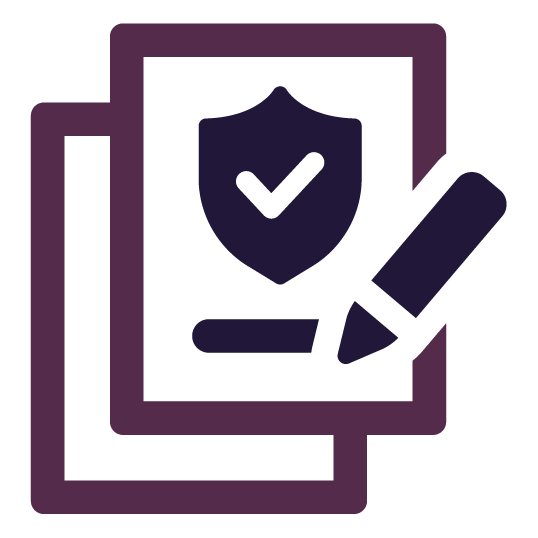 Documents with a shield, checkmark, and pen, symbolizing secure agreement or policy. Documents with a shield, checkmark, and pen, symbolizing secure agreement or policy.