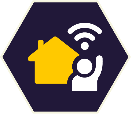 Yellow house, person raising hand, Wi-Fi signal icon in a dark blue hexagon. Yellow house, person raising hand, Wi-Fi signal icon in a dark blue hexagon.