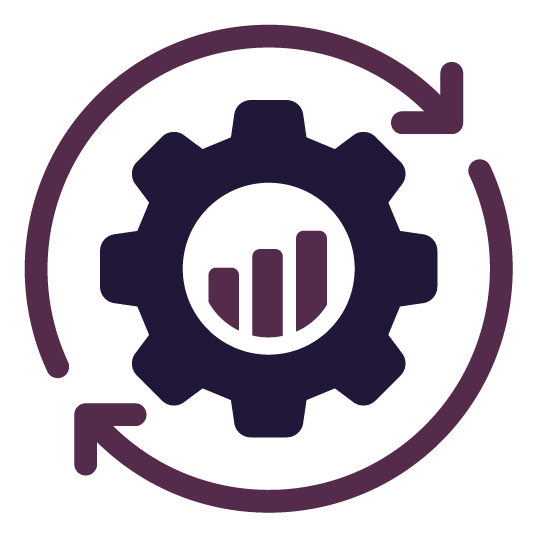 Cog with a bar graph in the center, surrounded by a circular arrow. Cog with a bar graph in the center, surrounded by a circular arrow.