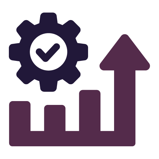 Gear with checkmark over a bar graph showing upward growth in purple. Gear with checkmark over a bar graph showing upward growth in purple.