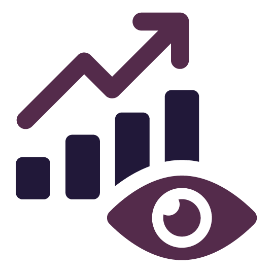 Purple eye icon, bar graph, and upward trend line, representing data analysis and progress. Purple eye icon, bar graph, and upward trend line, representing data analysis and progress.