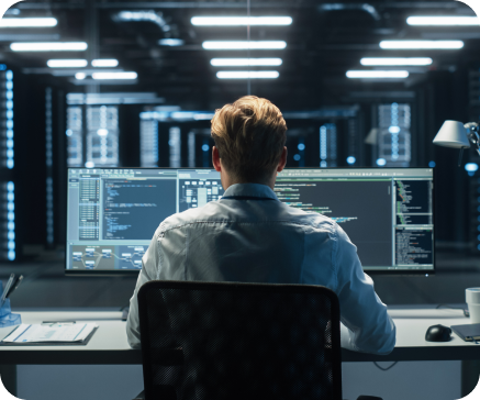 Blonde person at computer monitors in a server room; coding. Blonde person at computer monitors in a server room; coding.