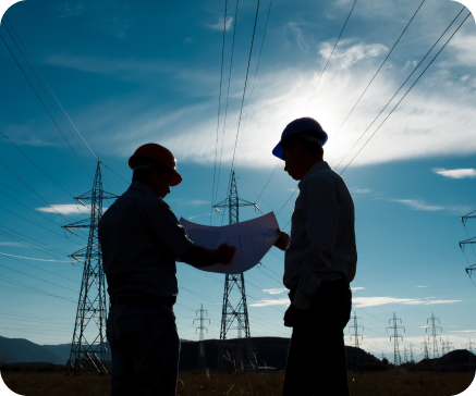 Two men in hard hats reviewing blueprints near power lines against a blue sky. Two men in hard hats reviewing blueprints near power lines against a blue sky.