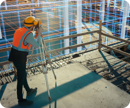 Construction worker using surveying equipment at a construction site, with a digital overlay of the building's structure. Construction worker using surveying equipment at a construction site, with a digital overlay of the building's structure.
