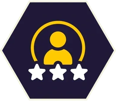Yellow person icon inside a circle with three stars below, all within a dark blue hexagon.