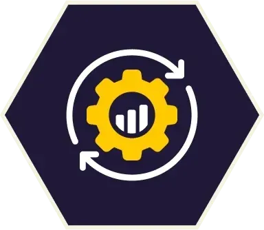 Yellow gear with upward trending chart inside, surrounded by circling arrows, on a navy hexagon.