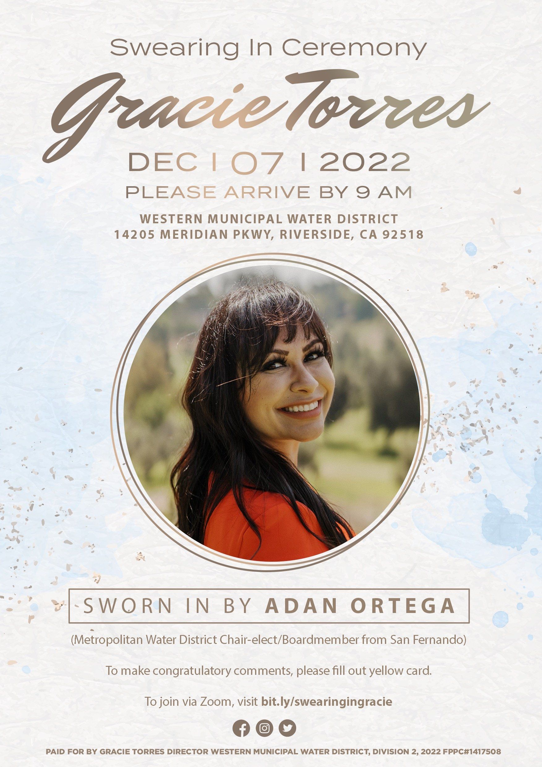 A flyer for a swearing in ceremony for gracie torres