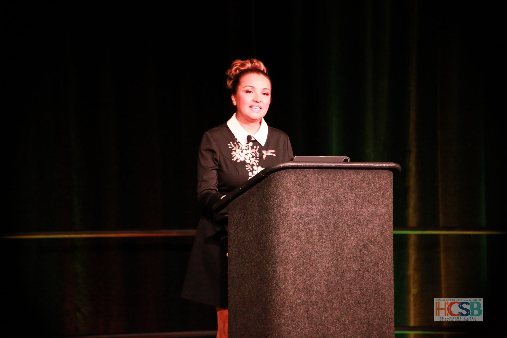 A woman stands at a podium with a hcsb logo in the corner