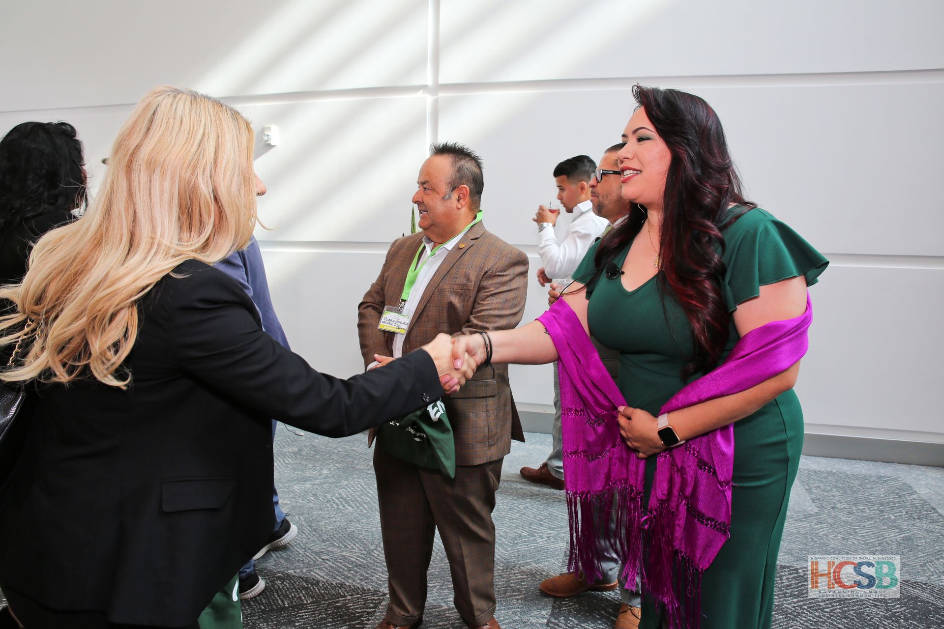A woman in a green dress is shaking hands with a man in a suit.