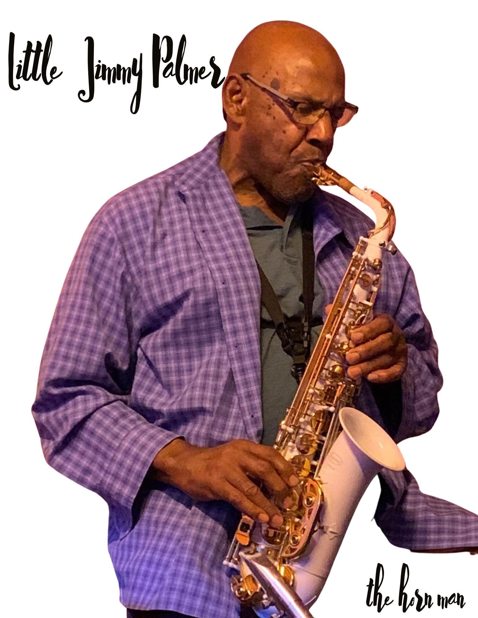 A man in a plaid shirt is playing a saxophone
