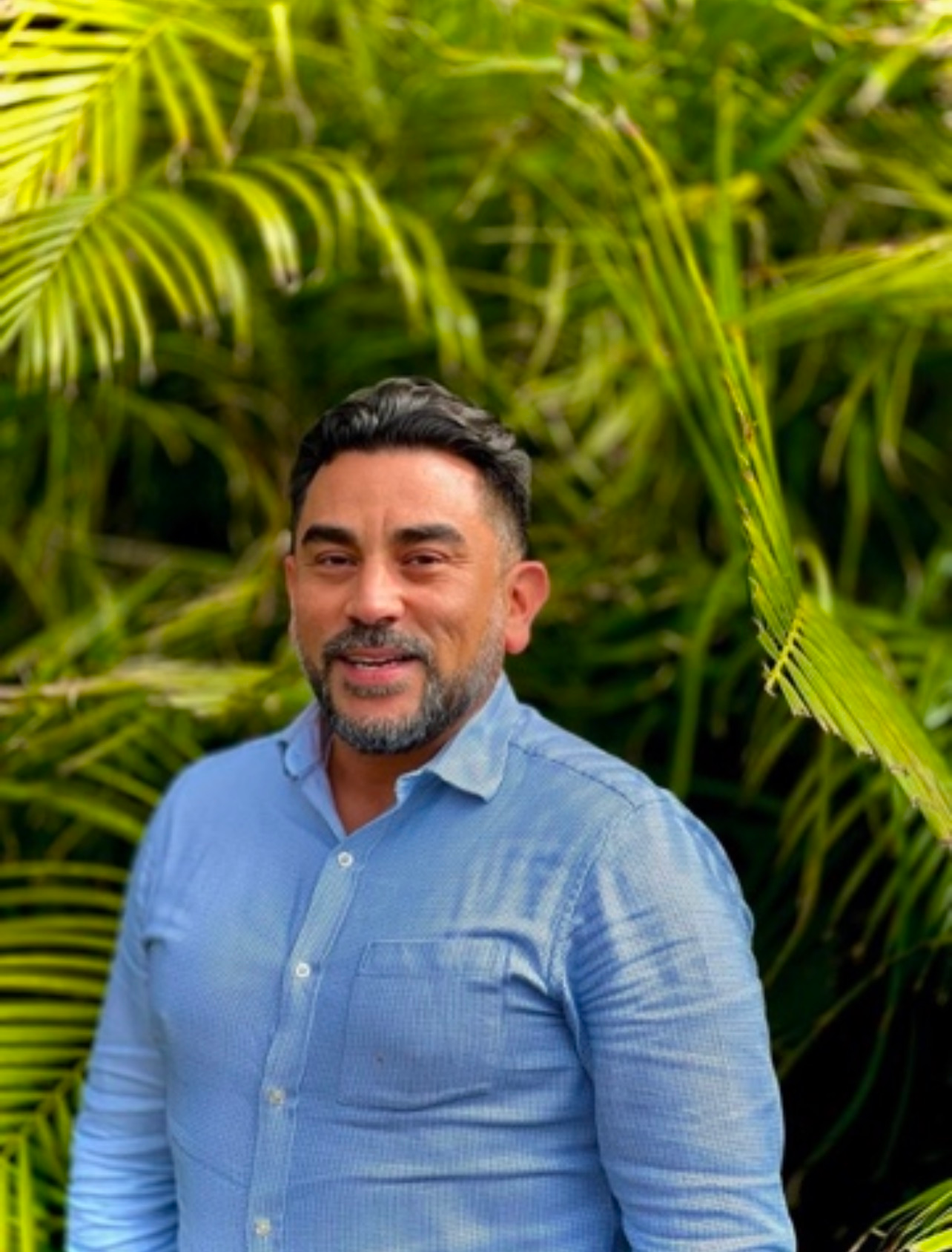 A man in a blue shirt is standing in front of a palm tree.