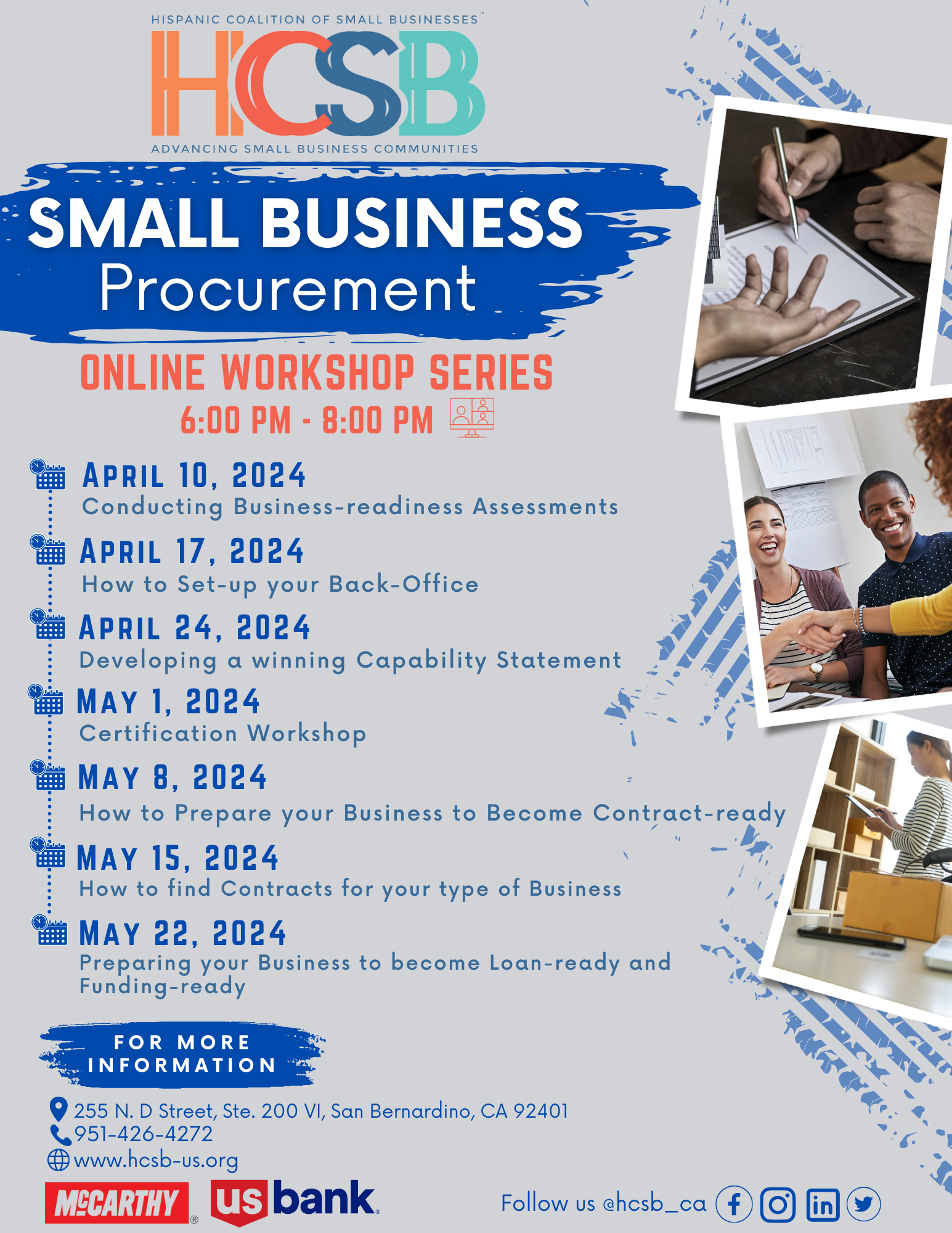 A poster for a small business procurement online workshop series