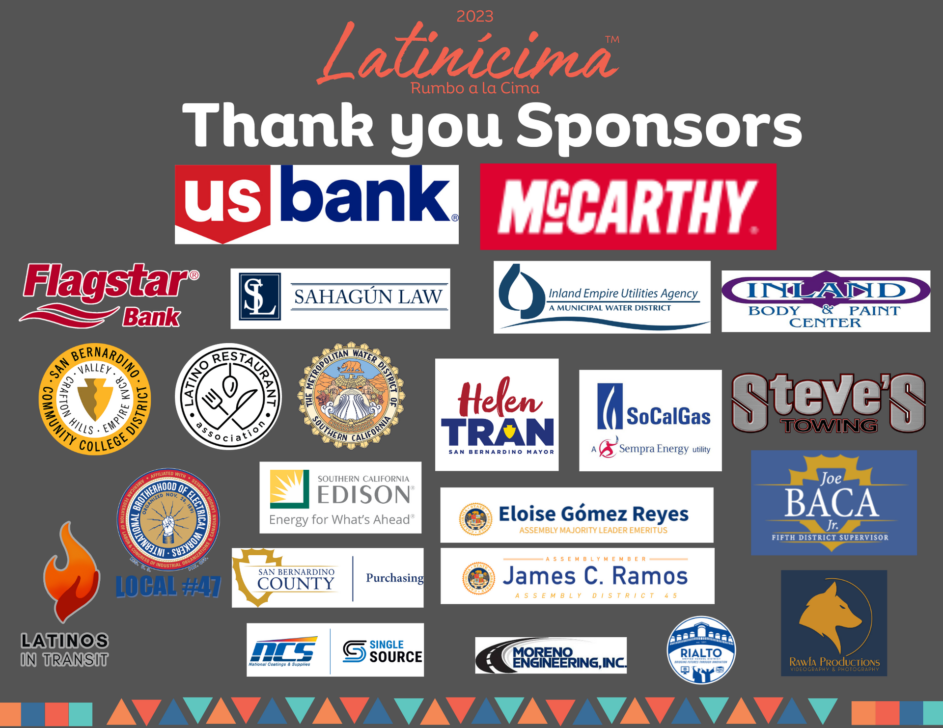 A poster that says latincima thank you sponsors us bank mccarthy