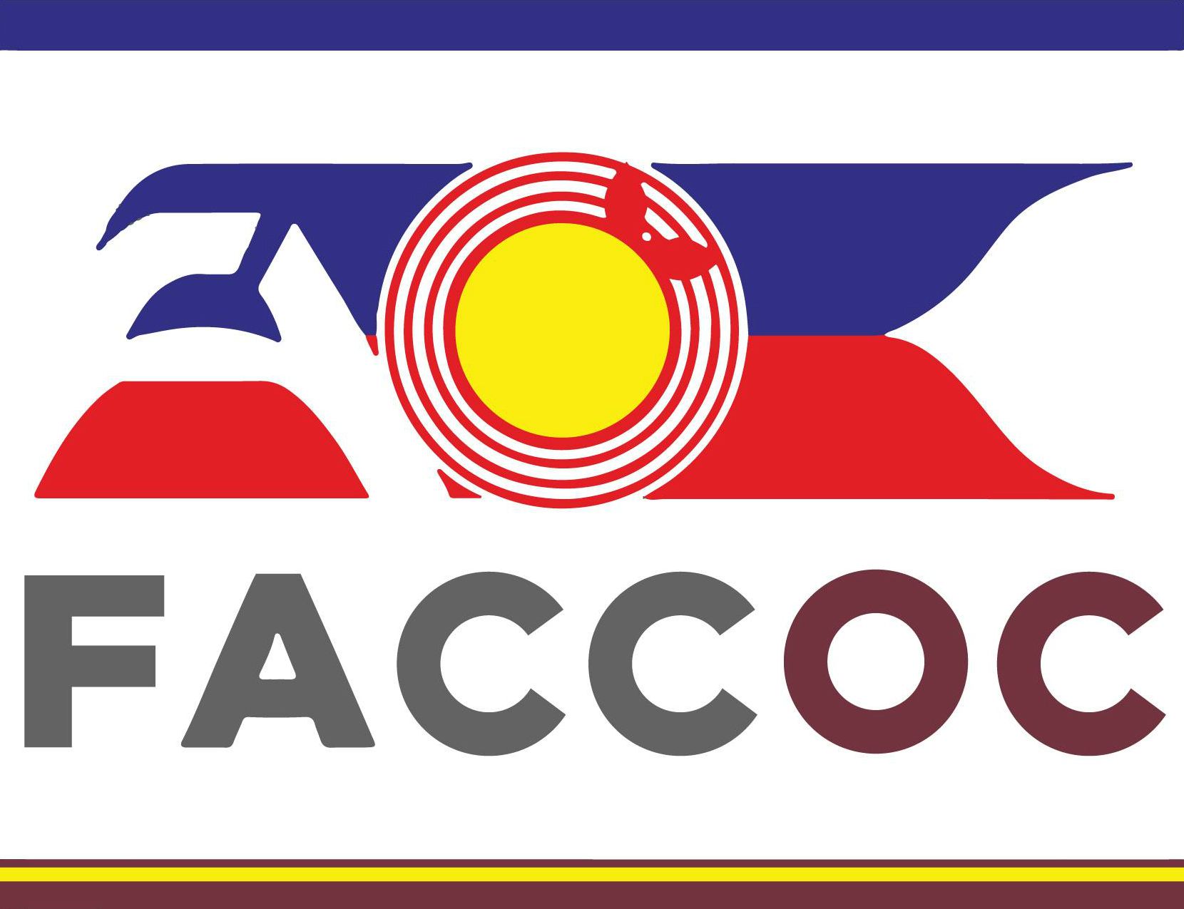 A logo for faccoc with a flag in the background