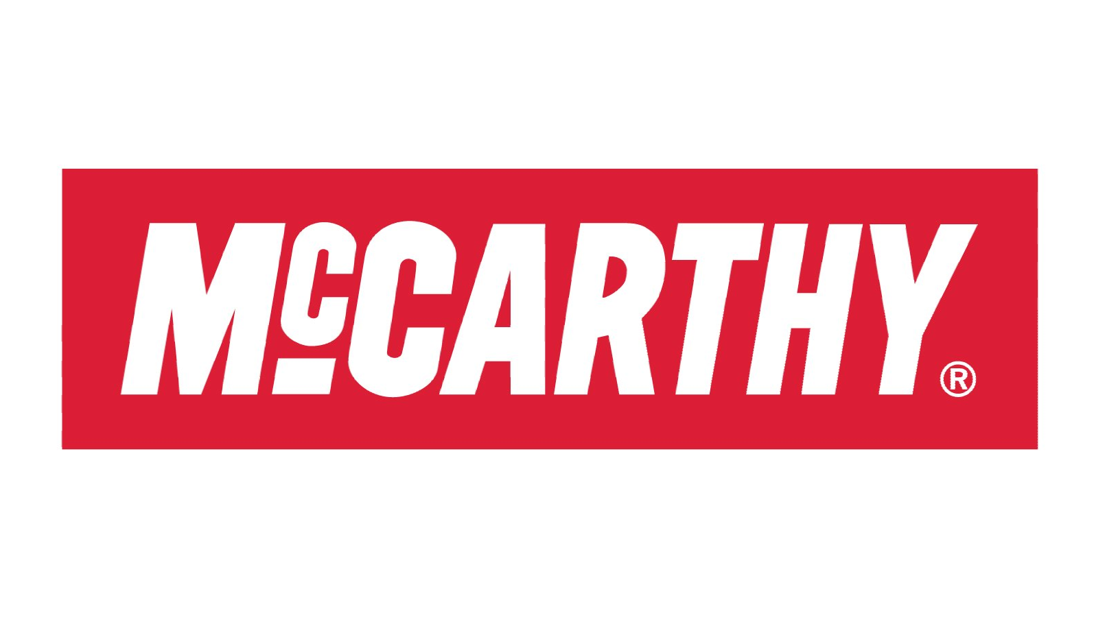 A red and white mccarthy logo on a white background