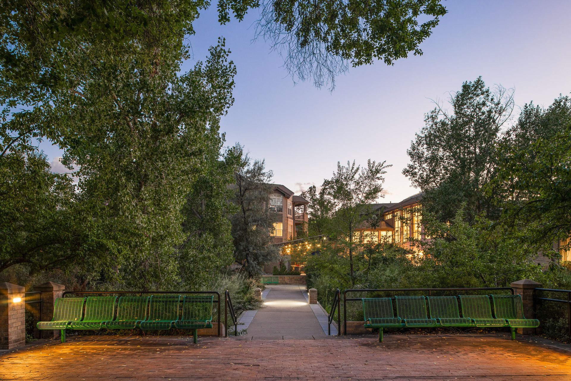 Tree-lined park path at dusk with green benches and a lit building in the background