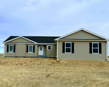 Tan ranch-style house with black shutters, white trim, and a black roof against a cloudy sky.