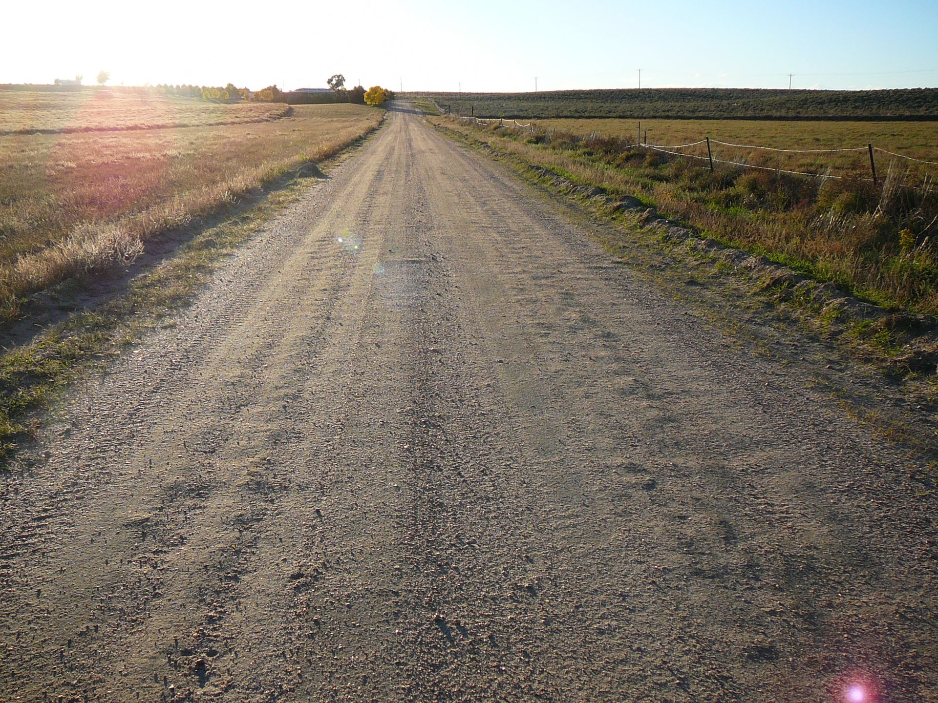 Gravel road stretches into the distance, flanked by fields, under a sunny sky.