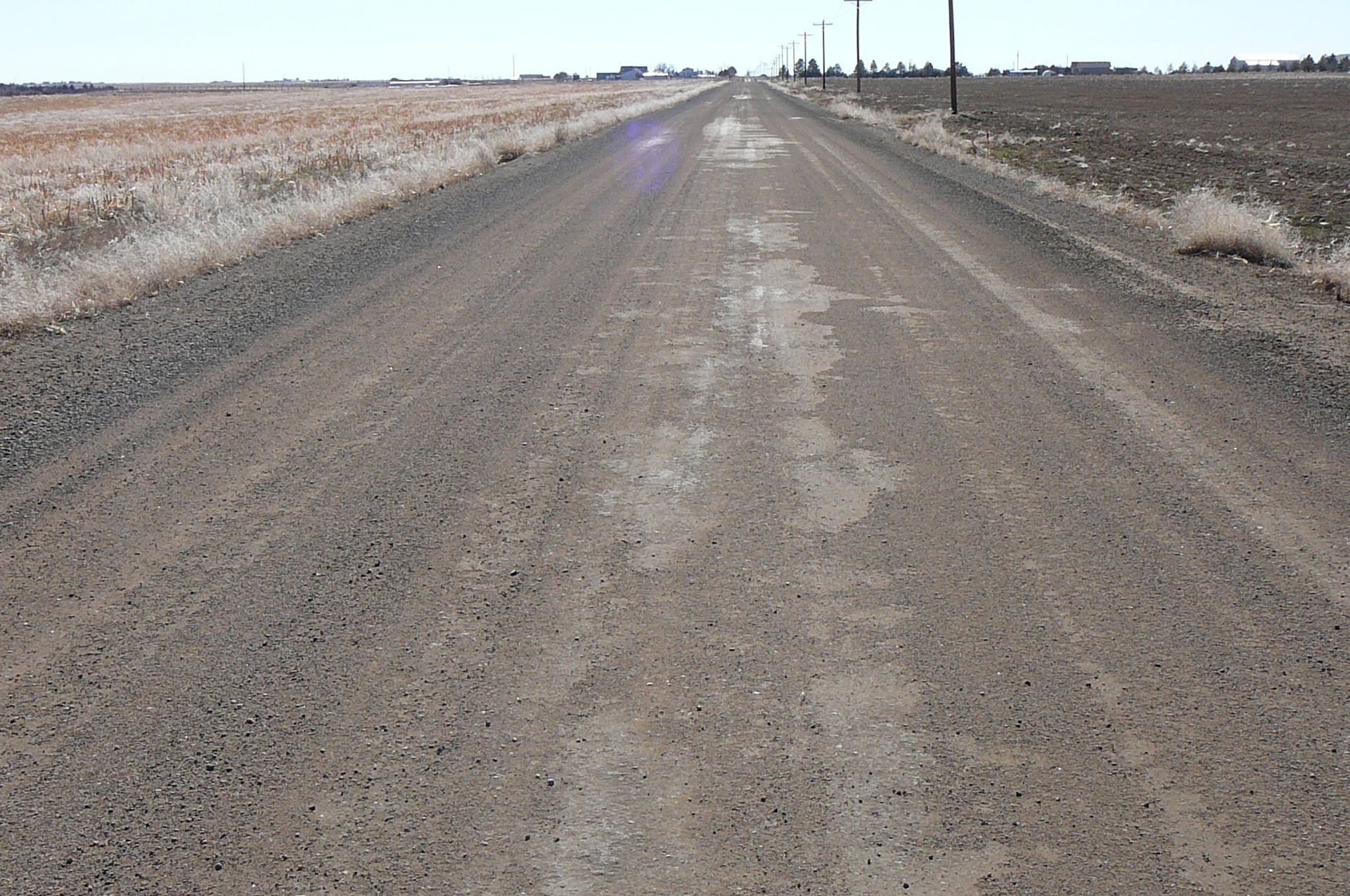 Gravel road stretches through agricultural fields under a bright sky.