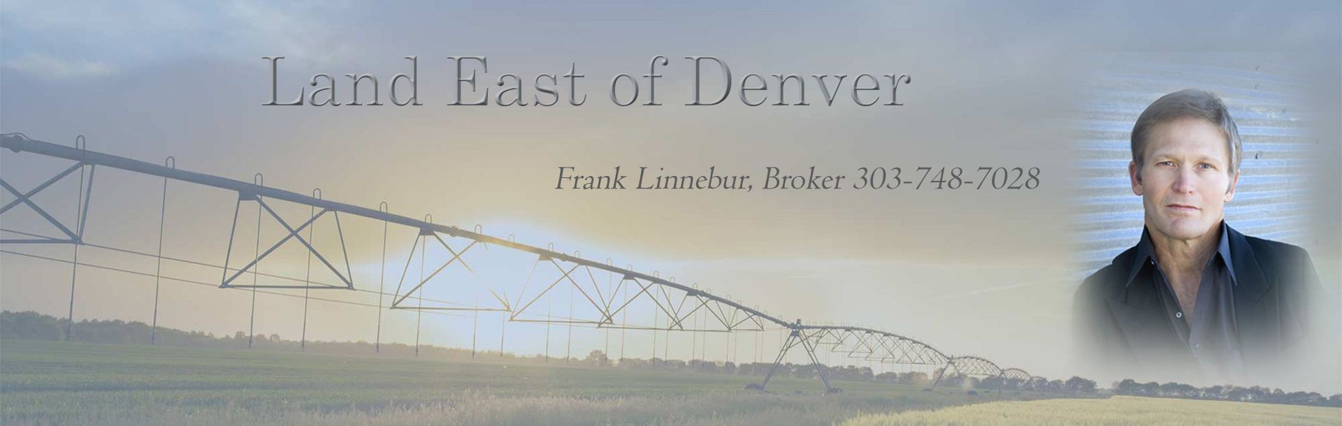 Land East of Denver: a man in a black shirt, text overlay, and landscape of fields and irrigation system.