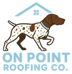 On Point Roofing Co. logo with a brown-and-white dog under a light blue roof icon