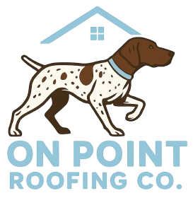 On Point Roofing Co. logo with a brown-and-white dog under a light blue roof icon