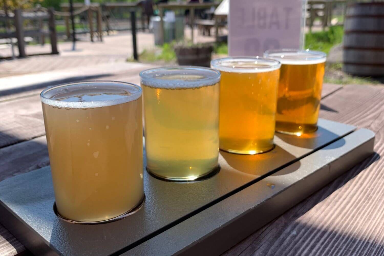 A flight of four small beers on the patio at the Castle Danger taproom