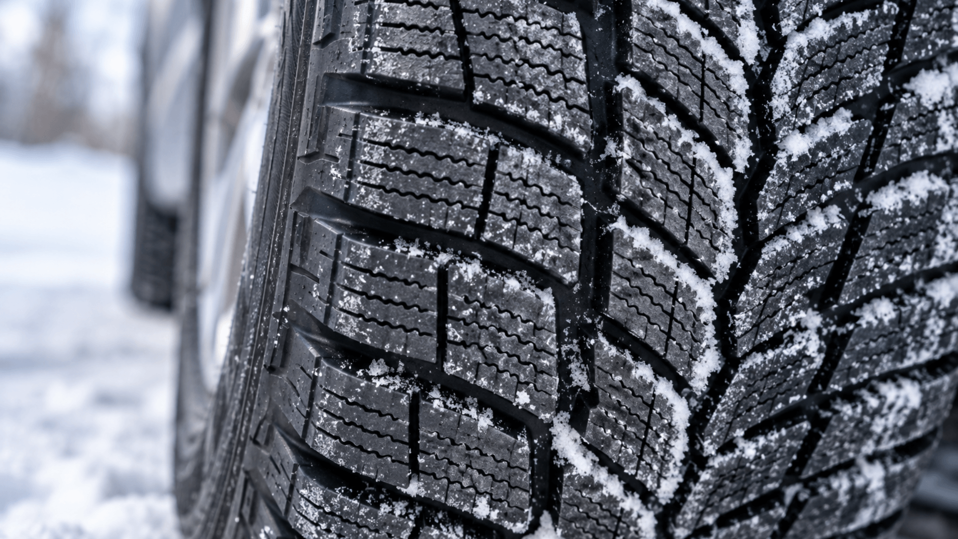 Close-up of the tread on snow tires.