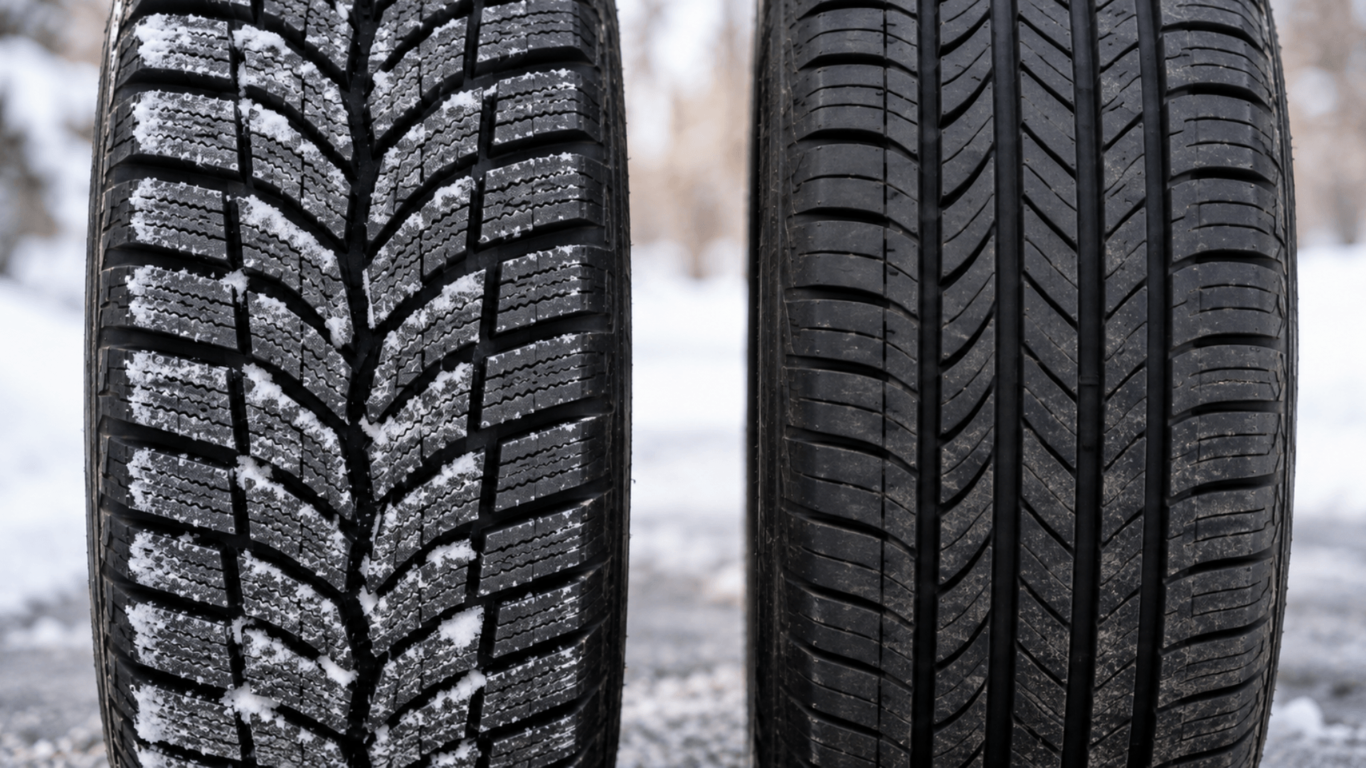 Side-by-side comparison of a snow tire and an all-weather tire, highlighting the tread differences.