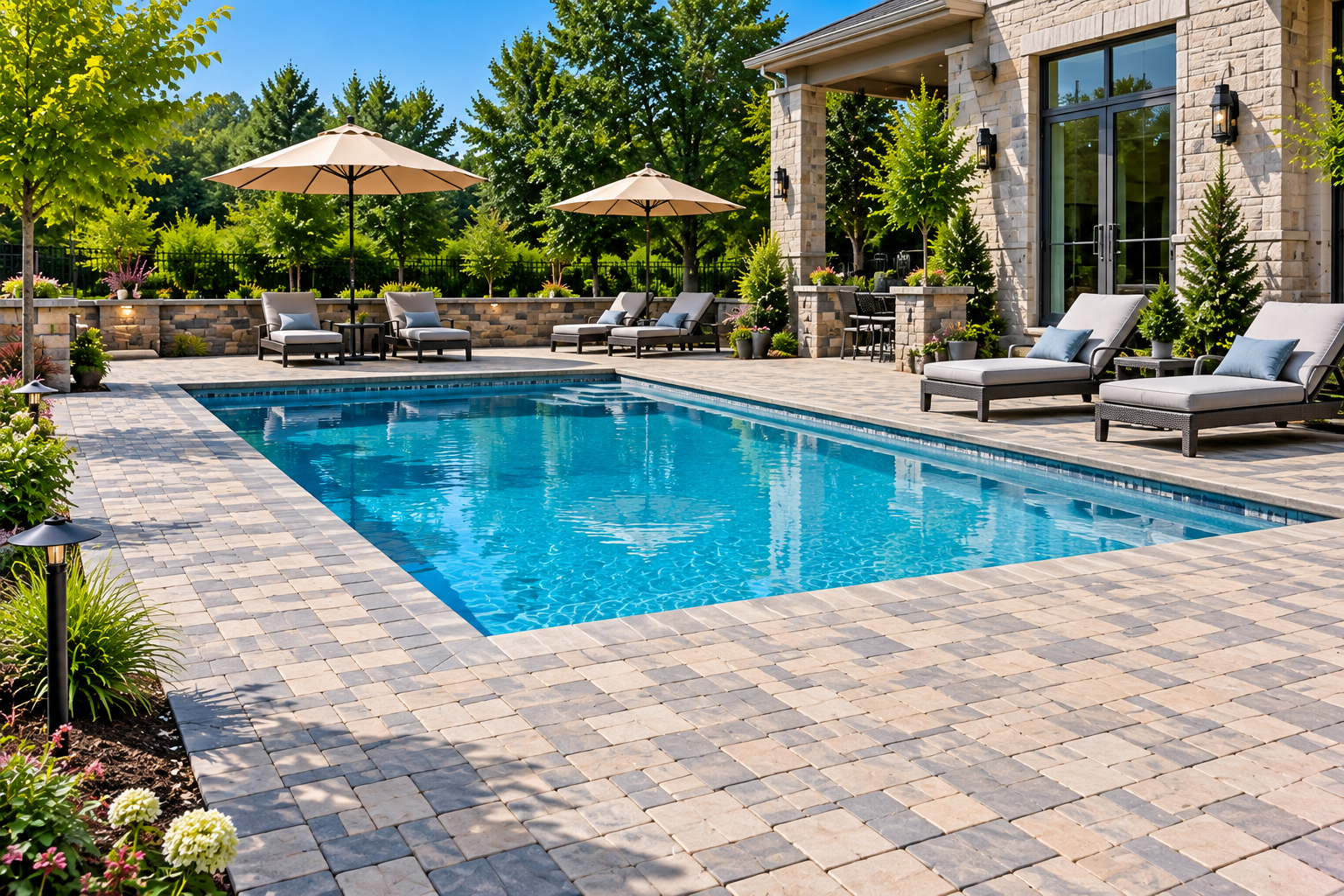 Stone outdoor fire pit and built-in bench seating in a landscaped backyard
