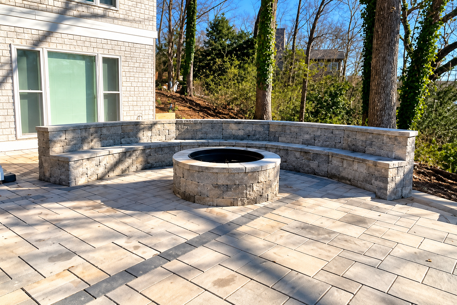 Stone patio with circular fire pit and built-in curved bench in a sunny backyard