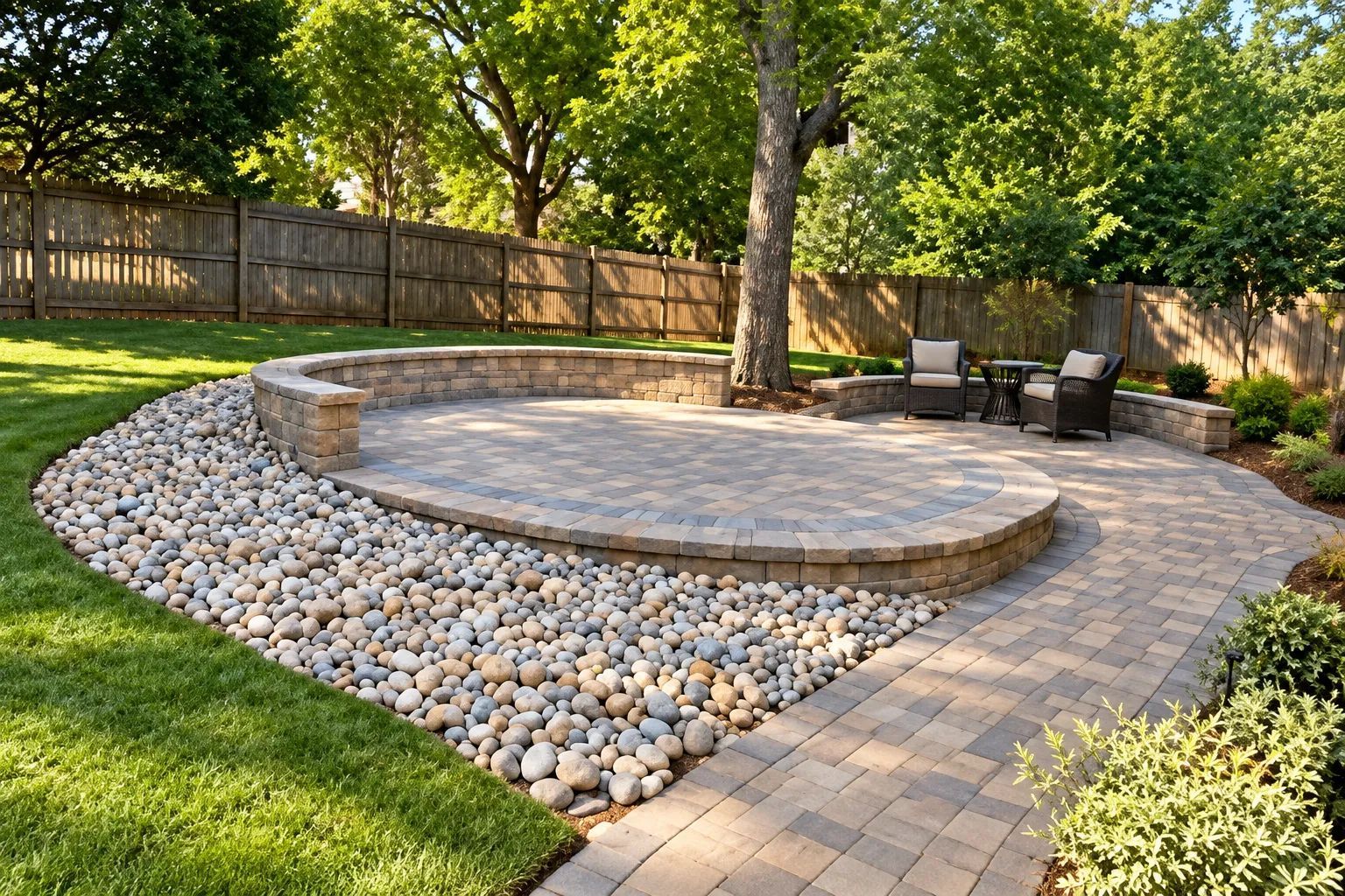 Backyard patio with stone seating wall, fire pit area, chairs, trees, and landscaped gravel path