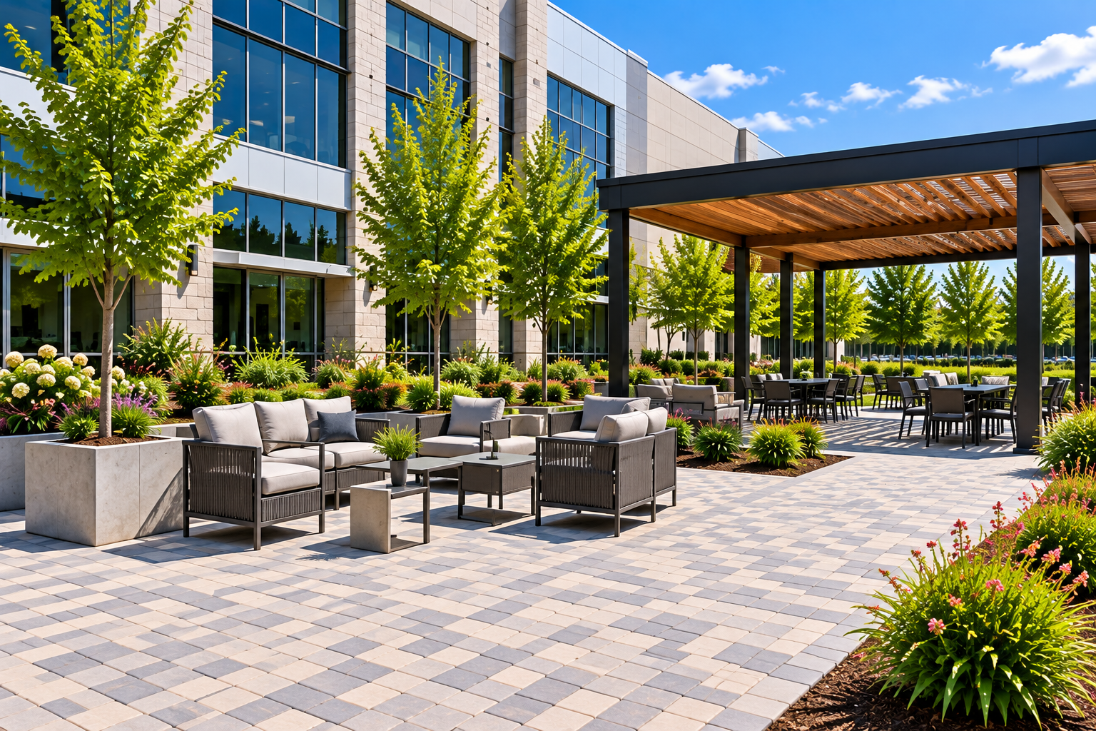Modern office patio with outdoor seating, potted trees, and a pergola under a blue sky