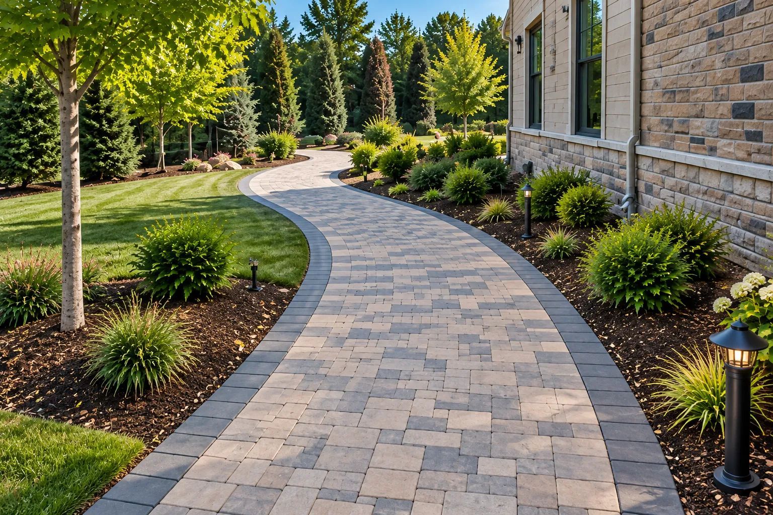 Curved stone walkway beside a stone house, lined with green shrubs, trees, and garden lights.