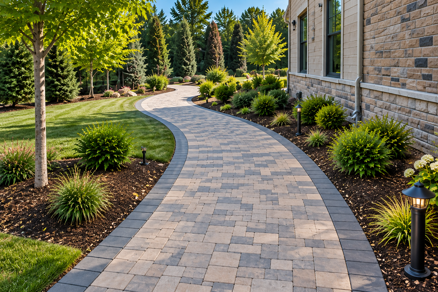 Curved stone walkway beside a landscaped garden and brick building, lined with shrubs and trees