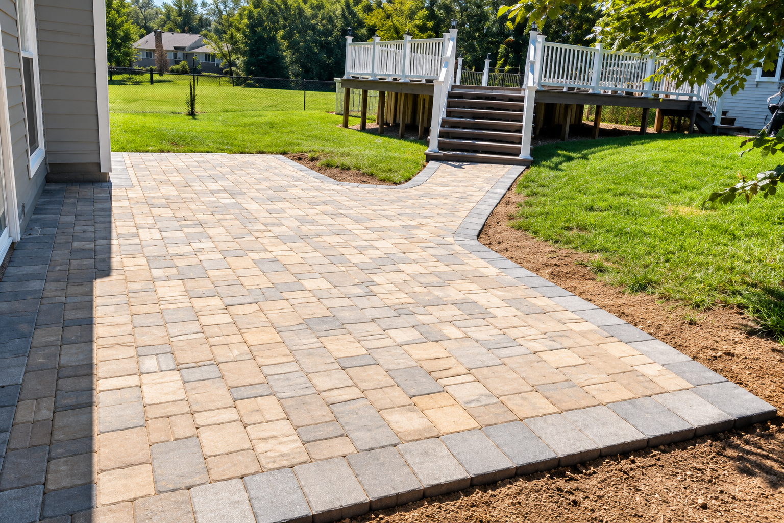 Stone paver patio leading to white deck stairs in a sunny backyard