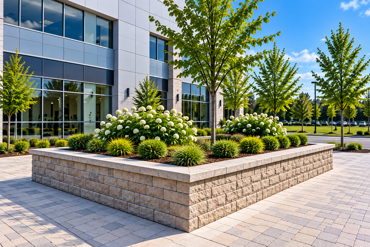 Modern office building entrance with landscaped planter and trees on a paved walkway