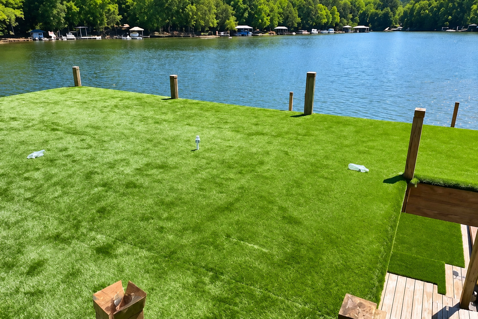 Bright green lawn beside a calm blue lake with wooden posts and a small deck at right.